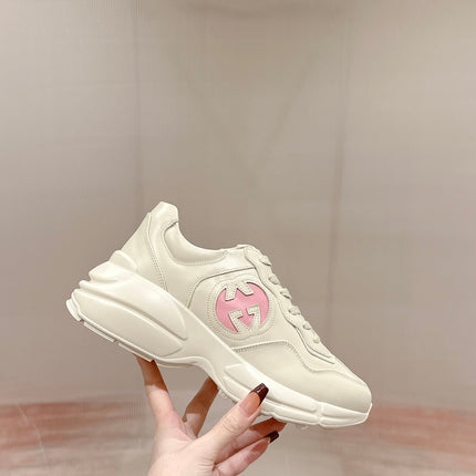 GG RHYTON TRAINER WHITE CALFSKIN WITH PINK LOGO