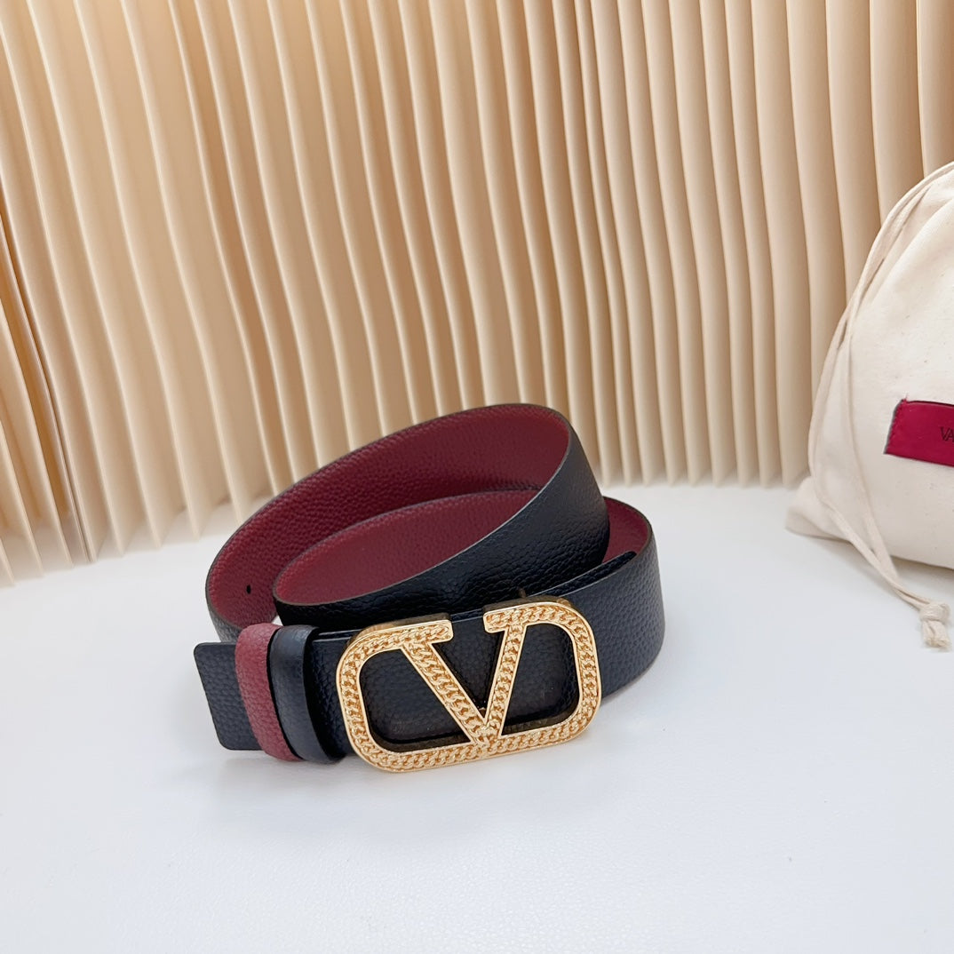 Vlogo Buckle Water Wave Gold Copper Glossy Wine Black Leather 40mm