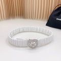 CC ELASTIC 30 MM BELT HEART BUCKLE IN WHITE CALFSKIN SILVER HARDWARE ATTACH RHINSTONES
