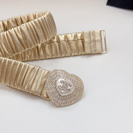 CC ELASTIC 30 MM BELT HEART BUCKLE IN GOLDEN CHIFFON CALFSKIN GOLD HARDWARE ATTACH RHINSTONES