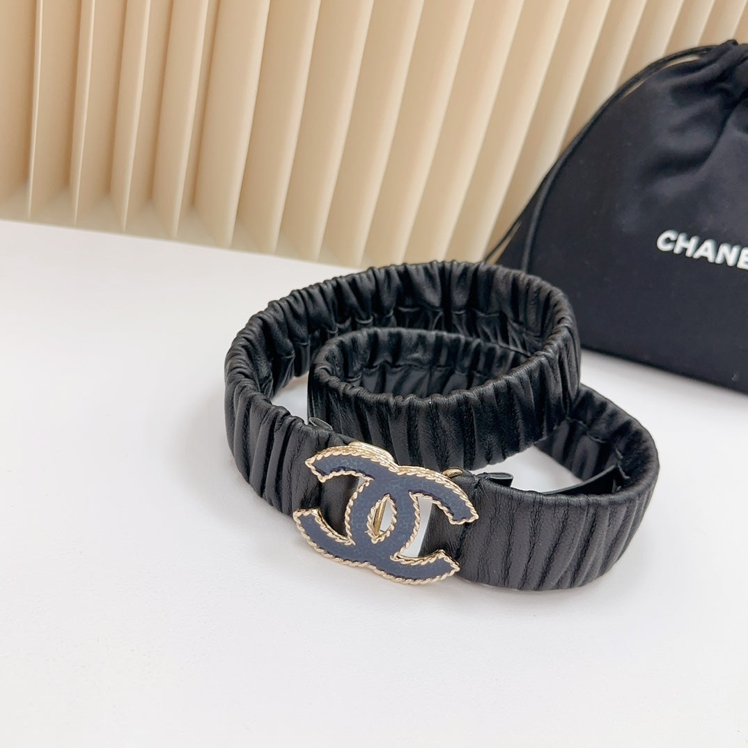 CC 30 MM ELASTIC BELT IN BLACK CALFSKIN GOLD MIX BLUE HARDWARE