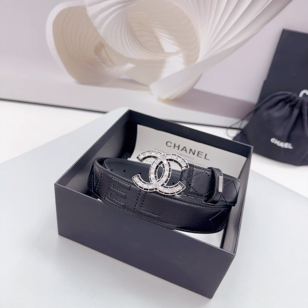 CC 30MM BELT IN BLACK EMBROIDERED CALFSKIN SILVER HARDWARE