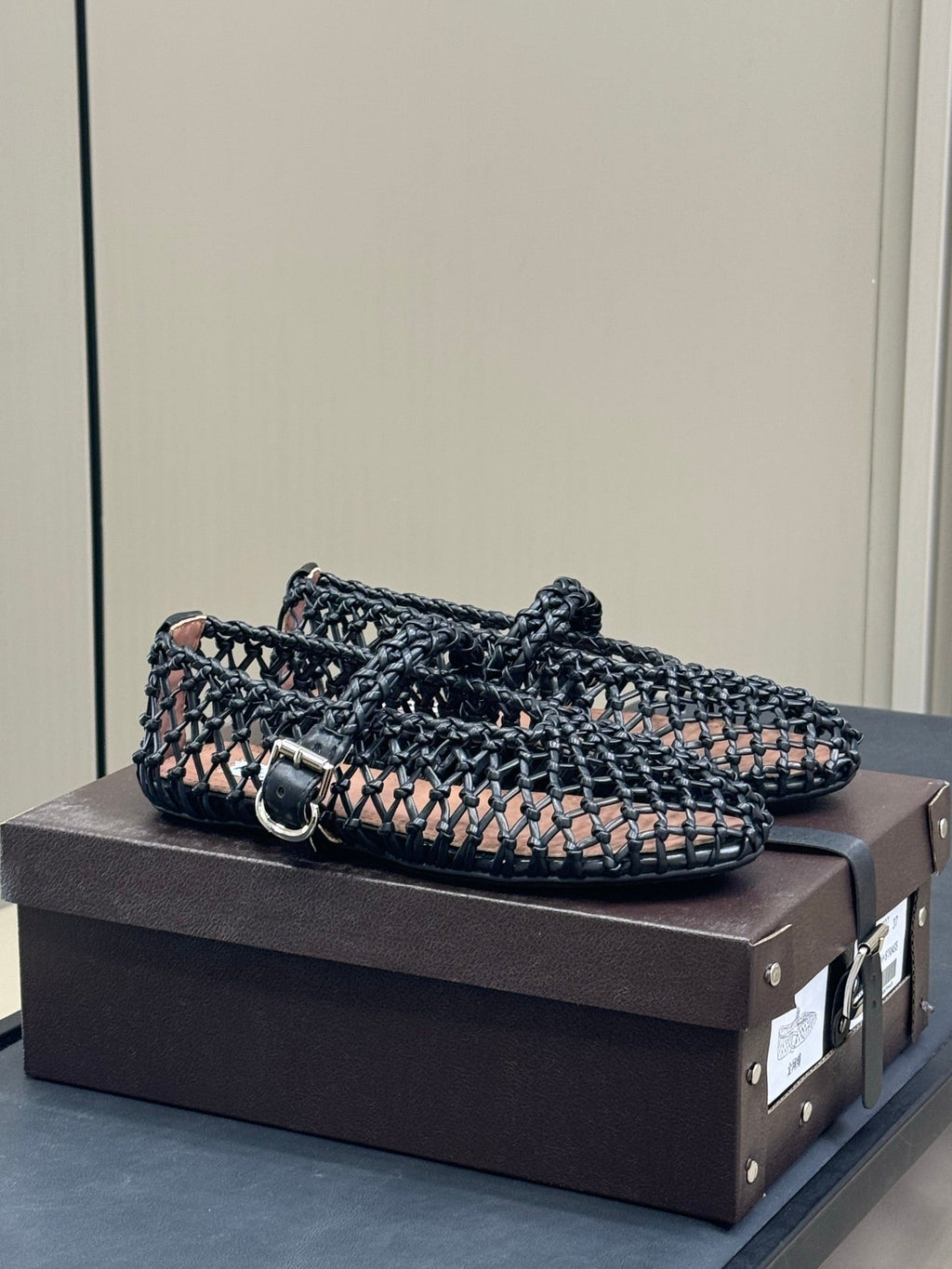 ALAIA MARY JANE FLATS 25S IN BLACK MESH CALSKIN WITH SILVER HARDWARE