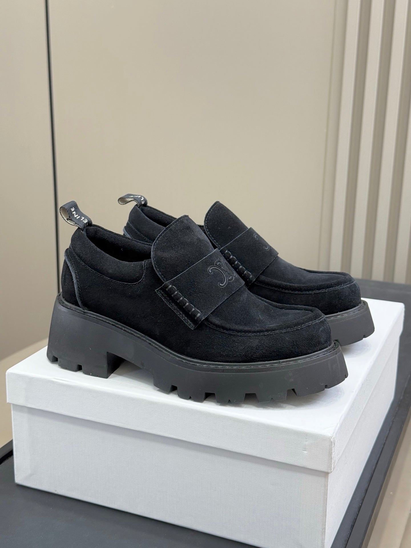 CELINE 25S SERIN CHUNKY LOAFERS 50MM IN BLACK SUEDE