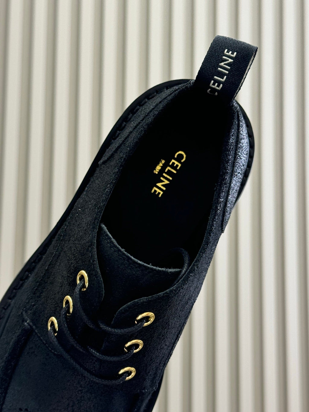 CELINE 25S THICK SOLED LOAFERS IN BLACK CALFSKIN SUEDE