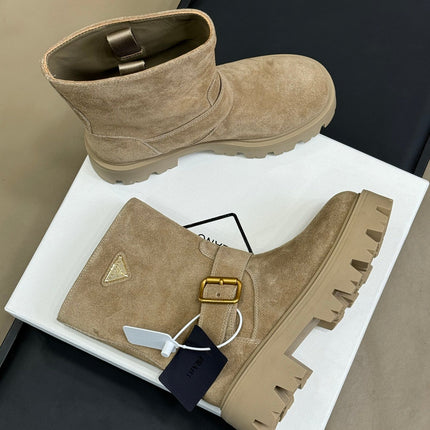 PRADA 25S PLATFORM ANKLE BOOTS IN DARK BEIGE SUEDE WITH GOLD HARDWARE