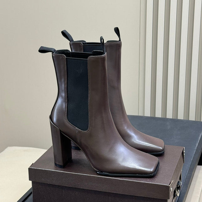 ALAIA 25S ANKLE HIGH-HEELED BOOTS IN BROWN CALFSKIN AND CANVAS