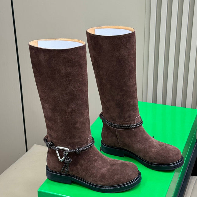 BOTTEGA VENETA 26S TALL BOOTS IN DARK BROWN SUEDE