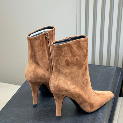 YSL 26S HEELED BOOTS IN LIGHT BROWN SUEDE
