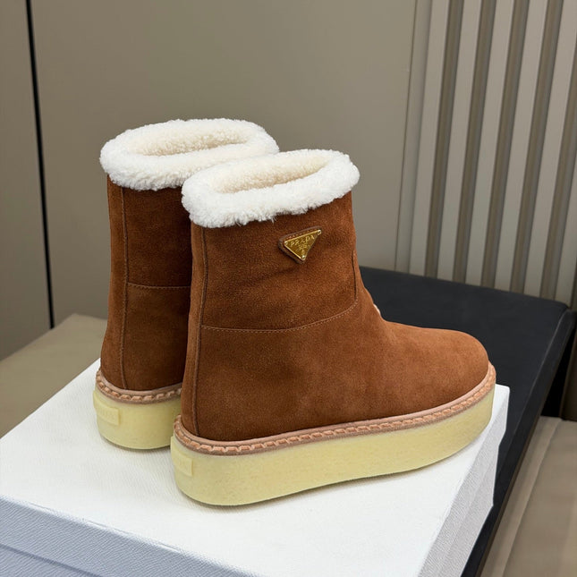 PRADA 25S ANKLE BOOTS 40 MM IN DARK BROWN SUEDE SHEARLING-LINED
