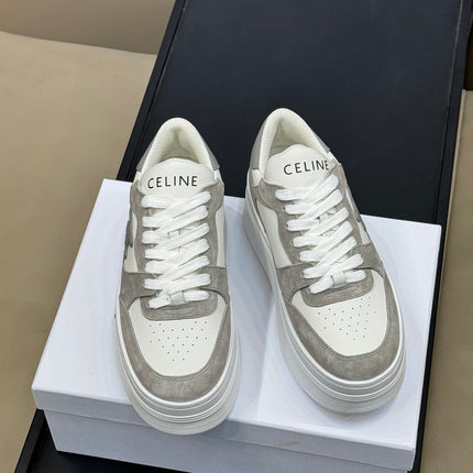 CELINE 26S WEDGE SNEAKERS IN WHITE CALFSKIN AND GREY SUEDE