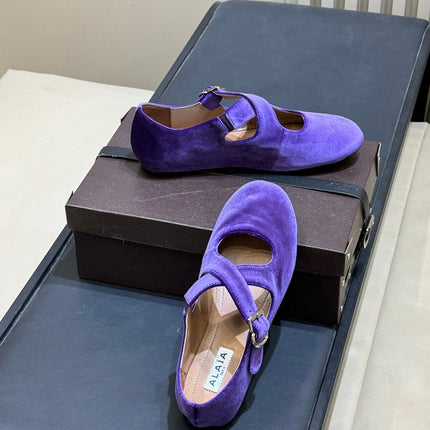 ALAIA 26S MARY JANE BALLET FLATS IN DARK PURPLE VELVET