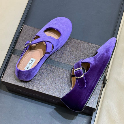ALAIA 26S MARY JANE BALLET FLATS IN DARK PURPLE VELVET