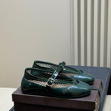 ALAIA 26S MARY JANE BALLET FLATS IN DARK GREEN MESH AND GLOSSY CALFSKIN