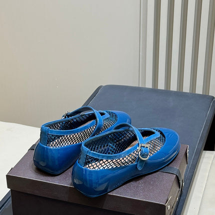 ALAIA 26S MARY JANE BALLET FLATS IN DARK BLUE MESH AND GLOSSY CALFSKIN