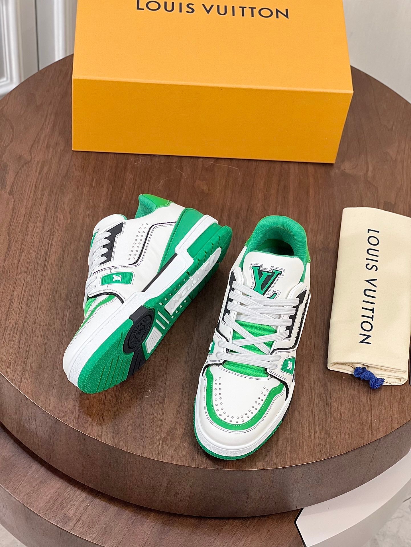 LV TRAINER WHITE MIX GREEN MONOGRAM CALFSKIN