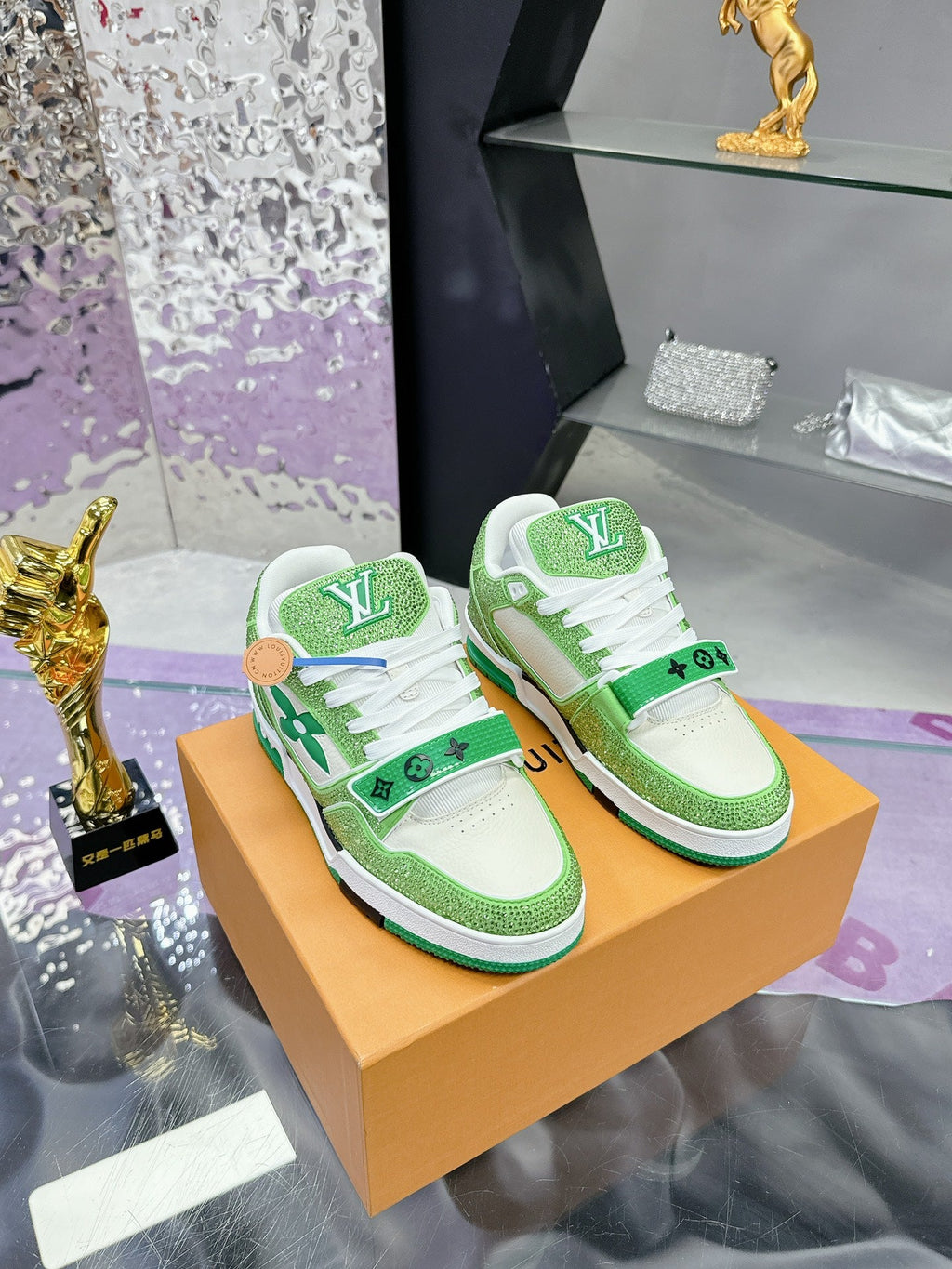 LV 26S TRAINER SNEAKERS IN LIME GREEN WHITE CALFSKIN WITH RHINESTONE