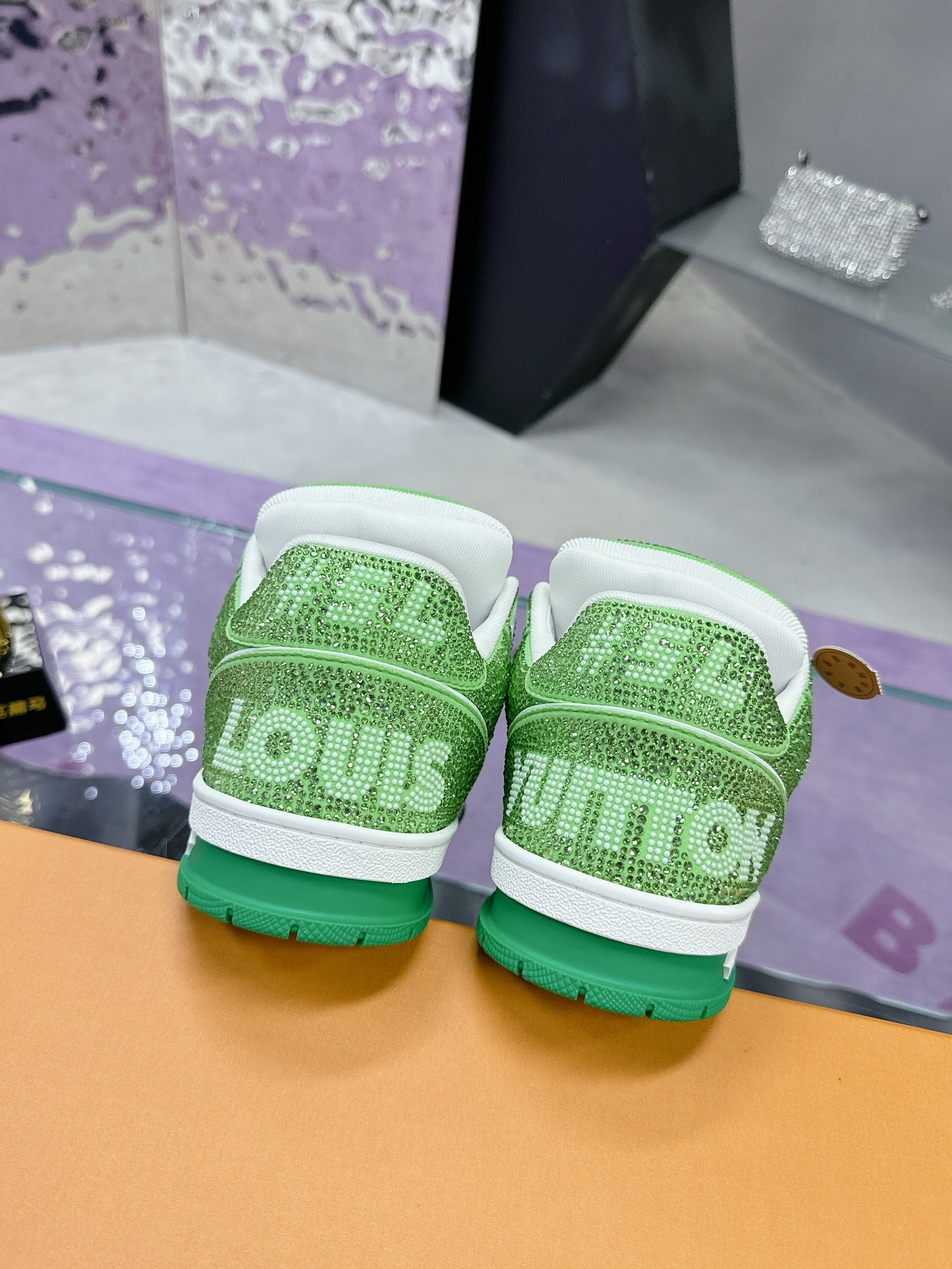LV 26S TRAINER SNEAKERS IN LIME GREEN WHITE CALFSKIN WITH RHINESTONE