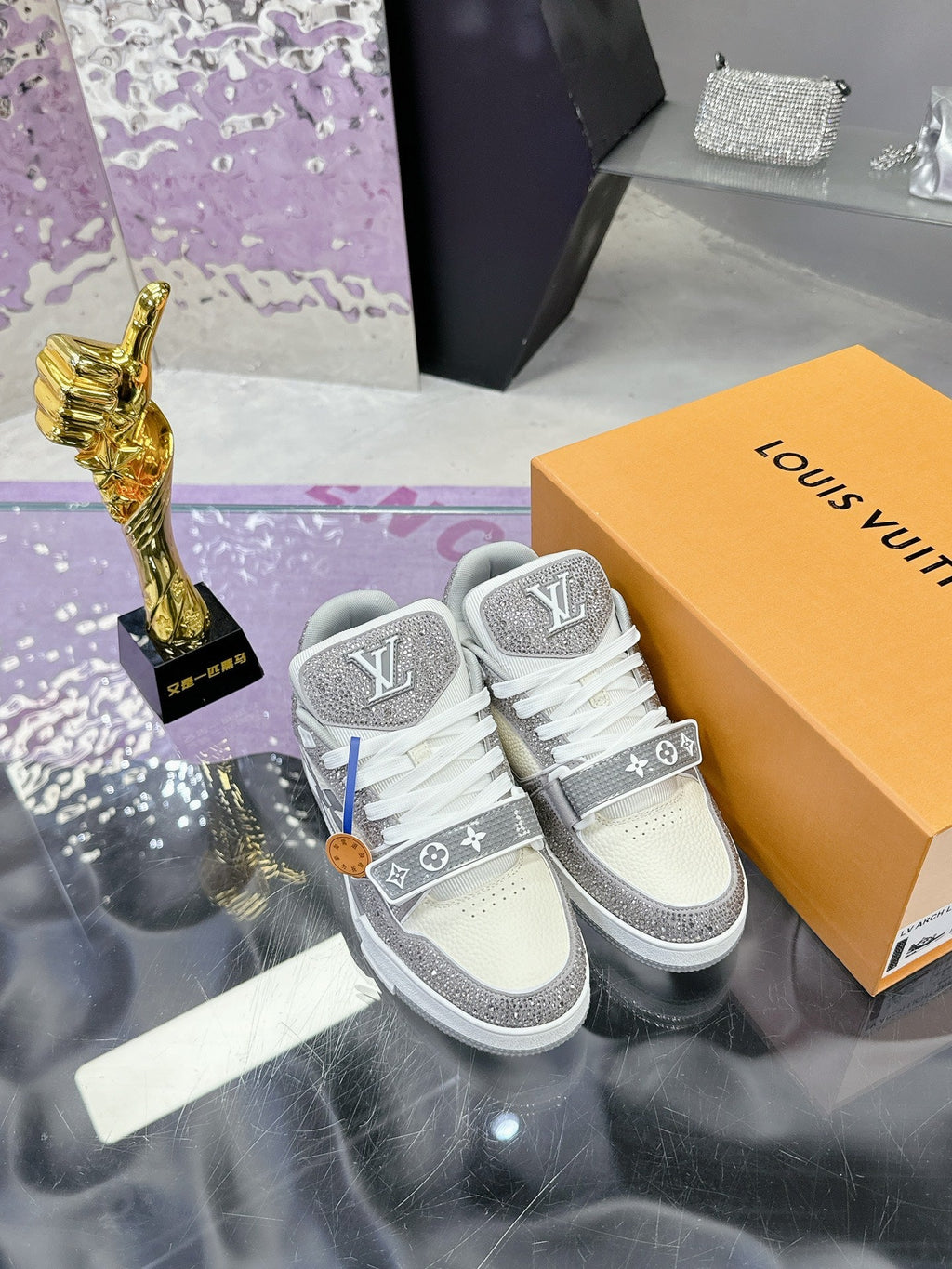 LV 26S TRAINER SNEAKERS IN WHITE GREY CALFSKIN WITH RHINESTONE