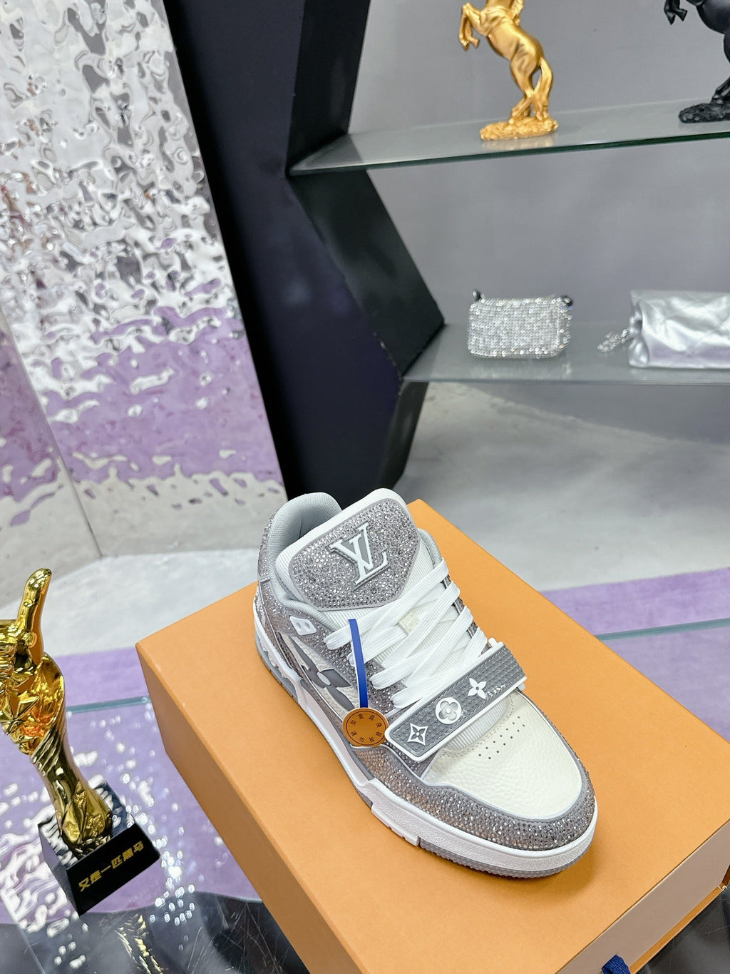 LV 26S TRAINER SNEAKERS IN WHITE GREY CALFSKIN WITH RHINESTONE