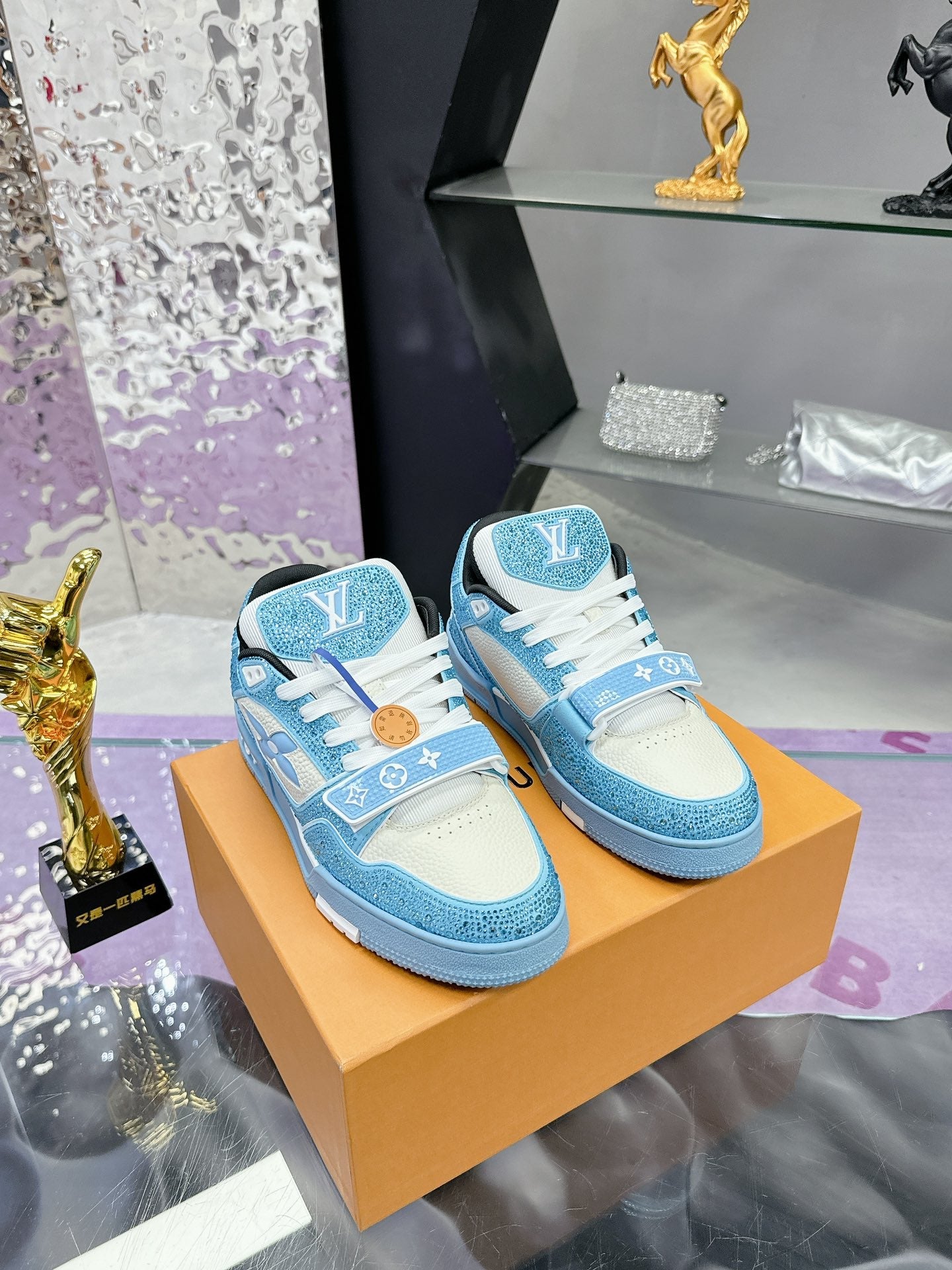 LV 26S TRAINER SNEAKERS IN SKY BLUE WHITE CALFSKIN WITH RHINESTONE