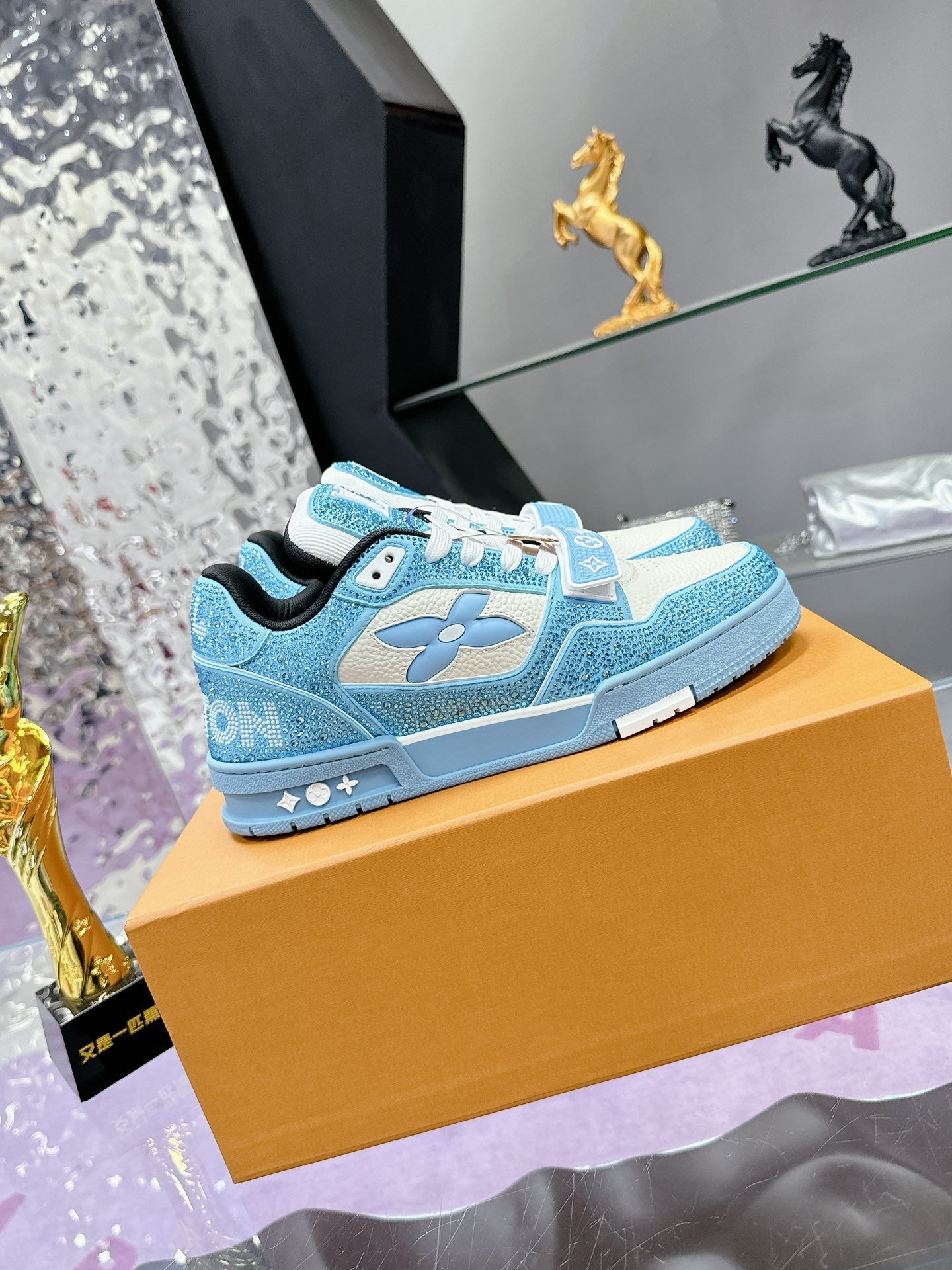 LV 26S TRAINER SNEAKERS IN SKY BLUE WHITE CALFSKIN WITH RHINESTONE