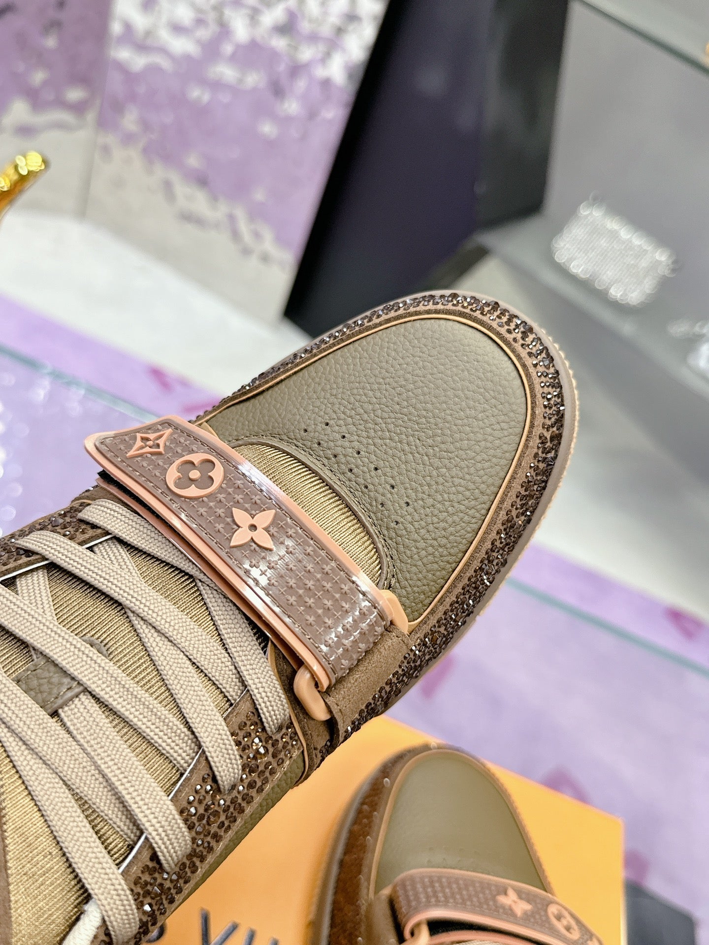 LV 26S TRAINER SNEAKERS IN BEIGE BROWN CALFSKIN WITH RHINESTONE