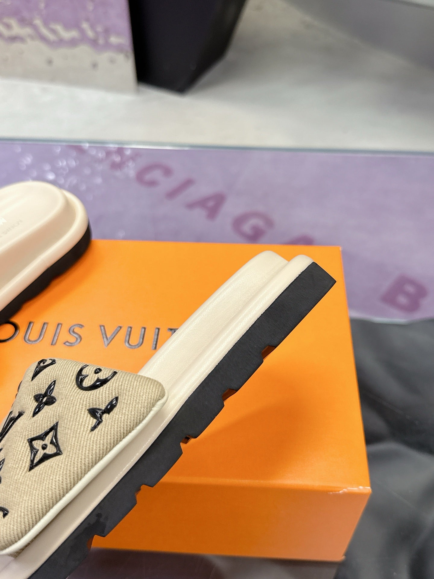 LV 26S POOL PILLOW SLIDES IN BEIGE BLACK MONOGRAM DENIM AND CALFSKIN