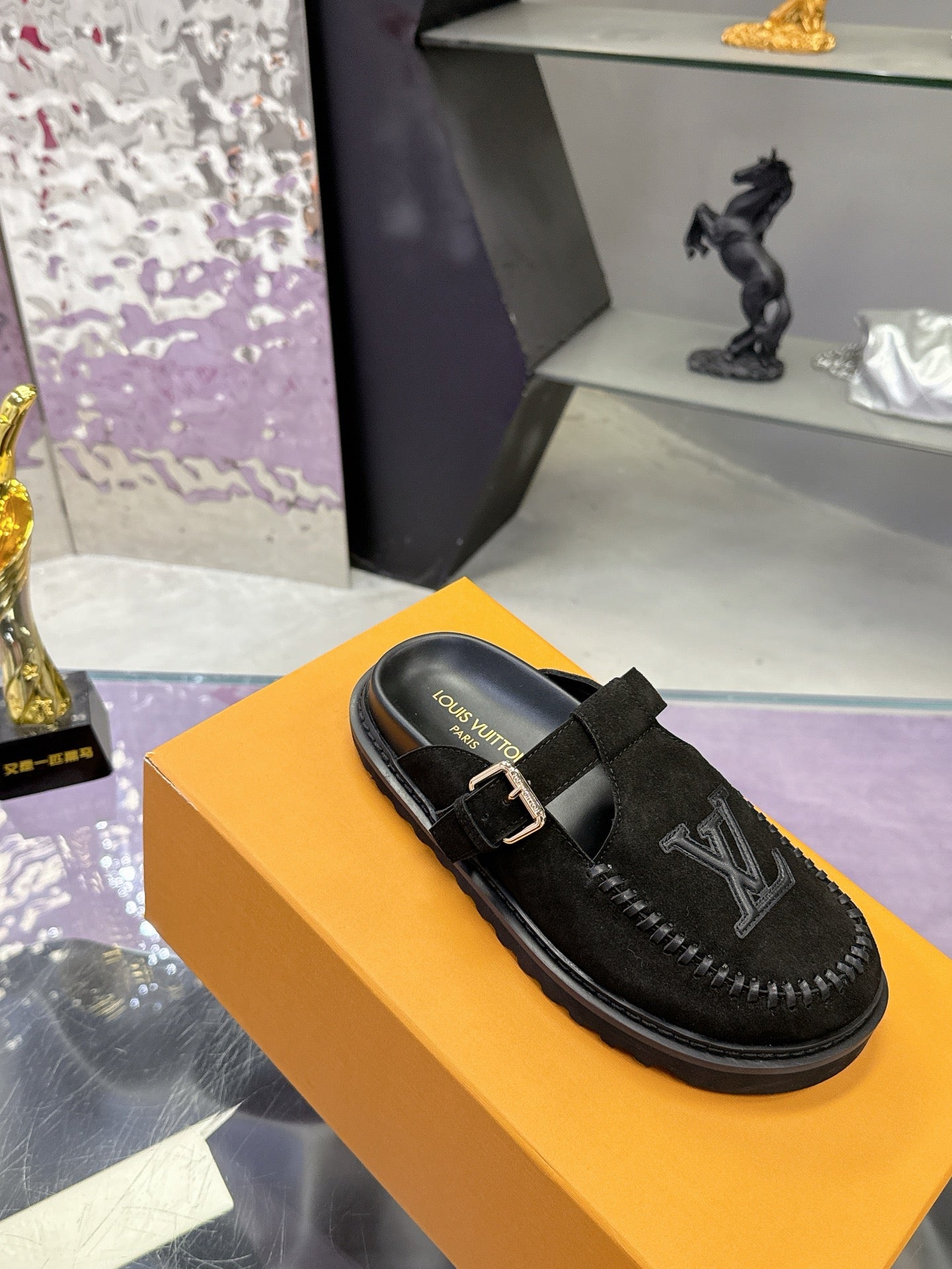 LV 26S MULE SLIDES IN BLACK SUEDE BUCKLE STRAP