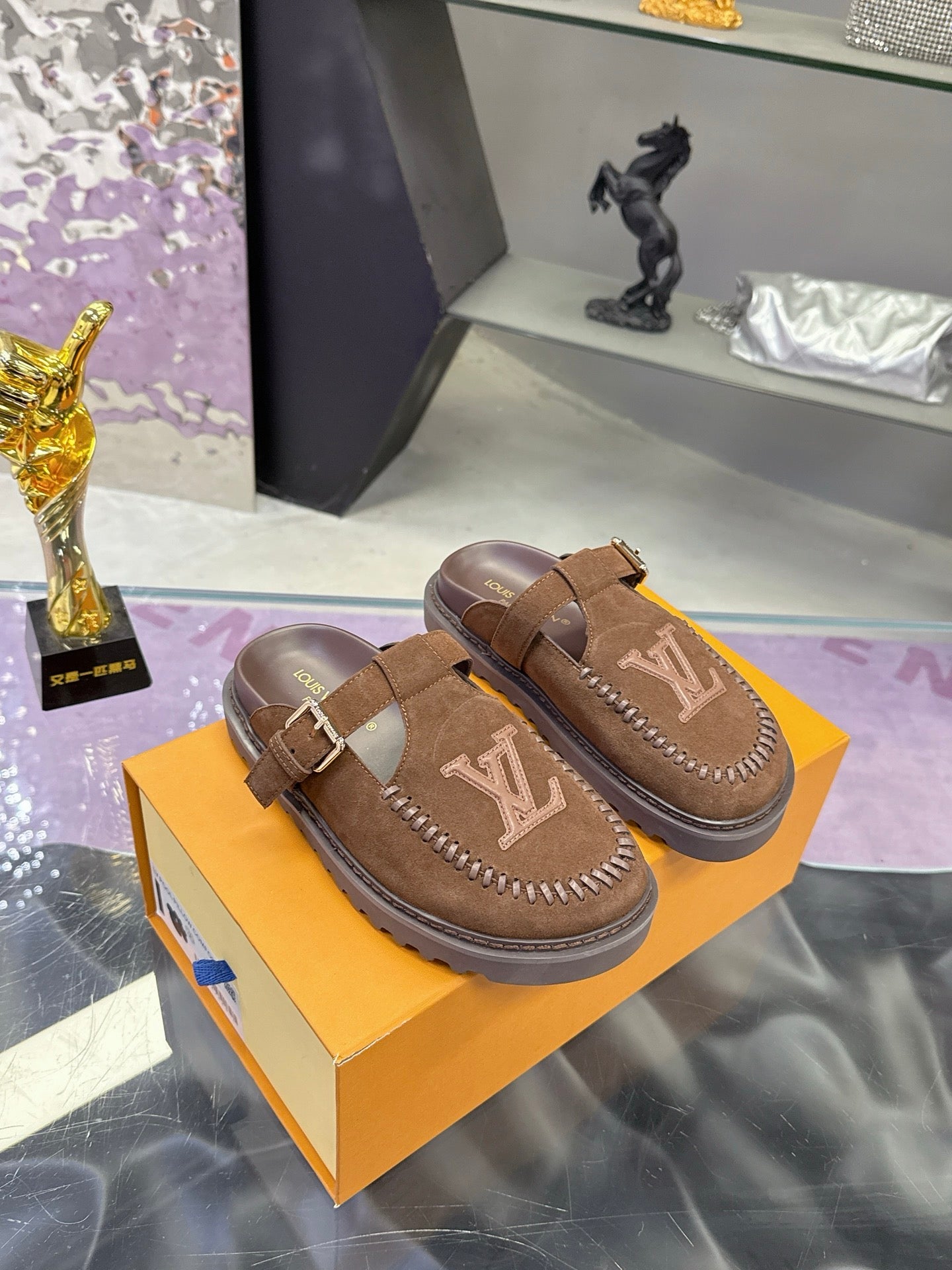 LV 26S MULE SLIDES IN DARK BROWN SUEDE BUCKLE STRAP