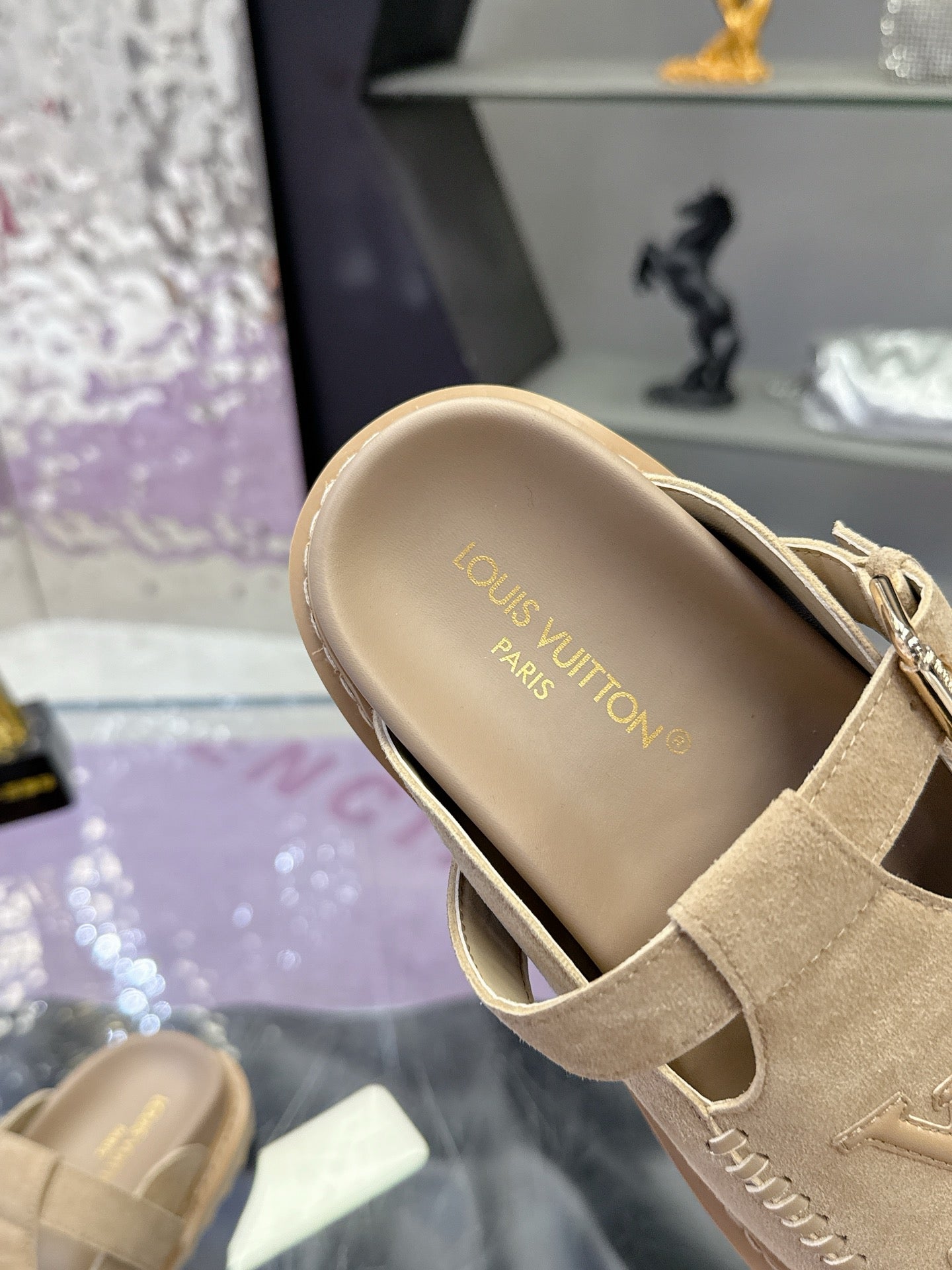 LV 26S MULE SLIDES IN BEIGE SUEDE BUCKLE STRAP