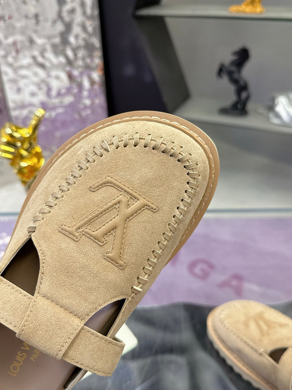 LV 26S MULE SLIDES IN BEIGE SUEDE BUCKLE STRAP