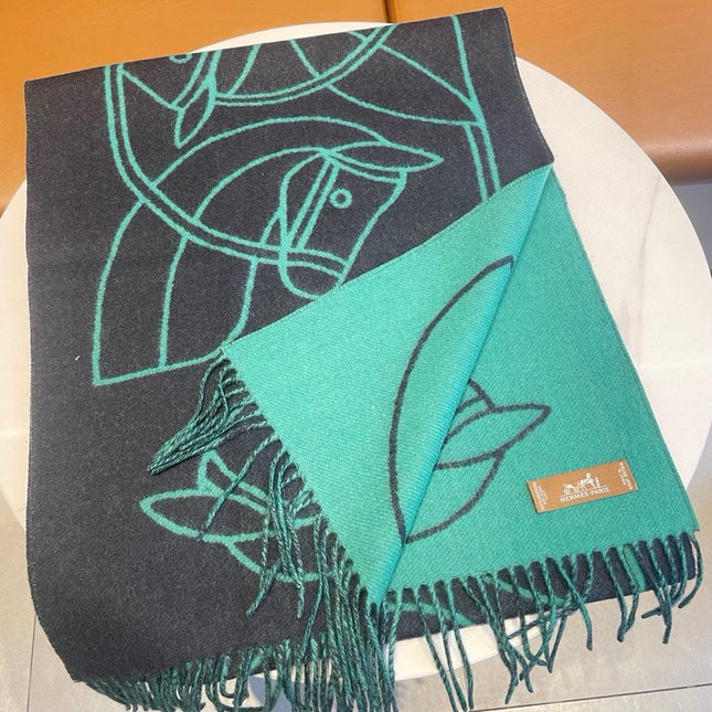CASAQUE ENTRELACS EQUESTRES 190 CM SCARF IN PERSLAN GREEN CASHMERE