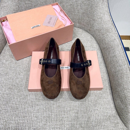 MIUMIU 26S MARY JANE FLATS IN OLIVE BROWN SUEDE WITH BLACK BUCKLE STRAP