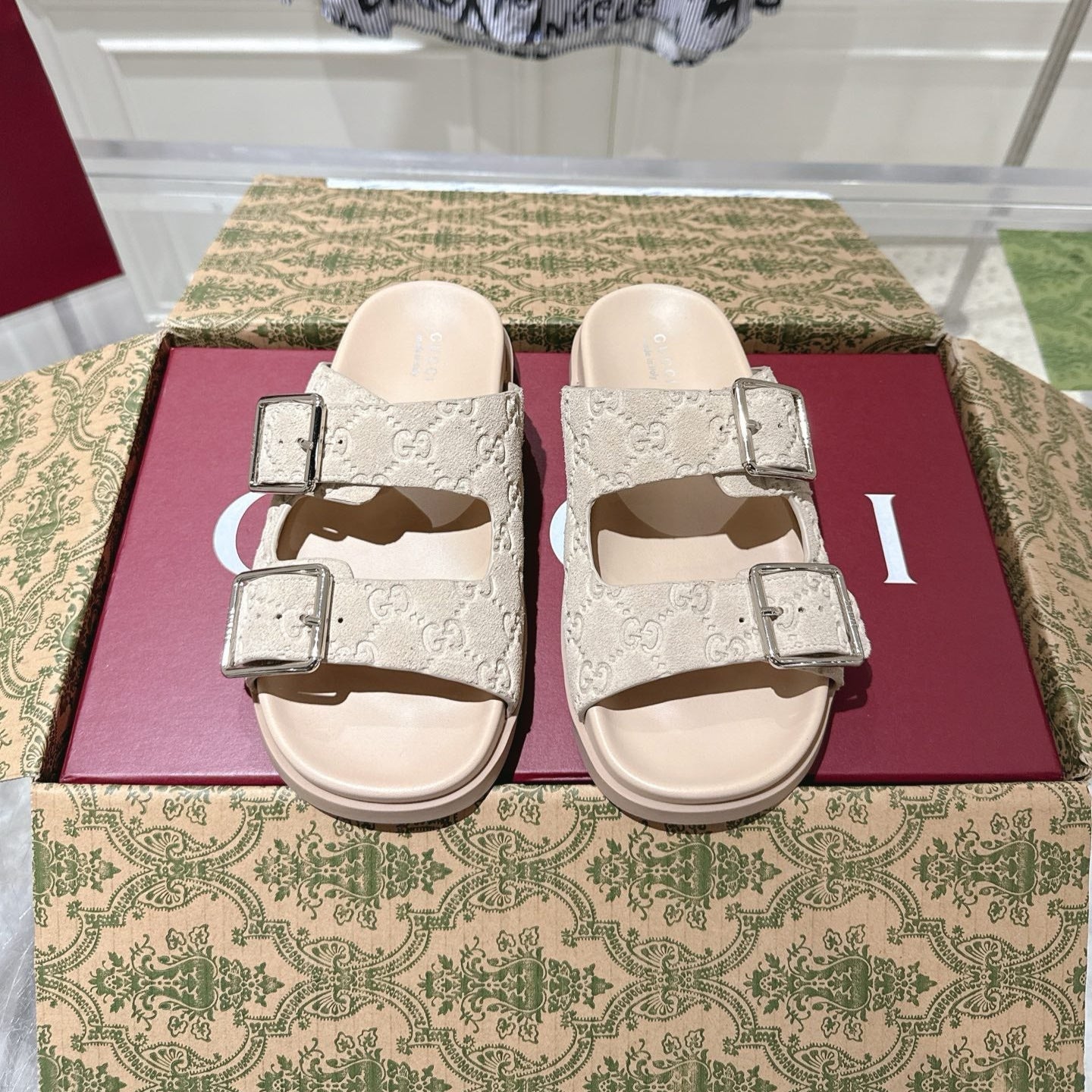 SANDALS IN NUDE BEIGE SUEDE EMBOSSED LOGO SILVER HARDWARE