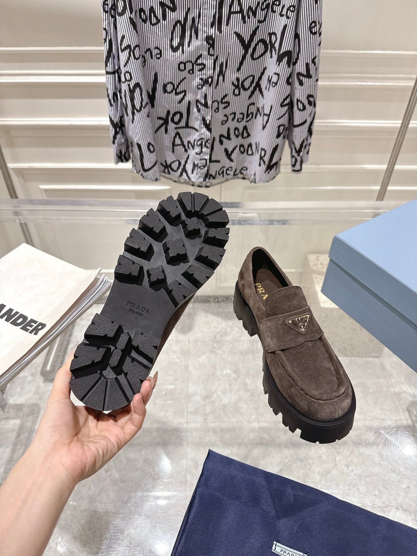 PRADA 26S PLATFORM LOAFERS 45MM IN DARK BROWN SUEDE