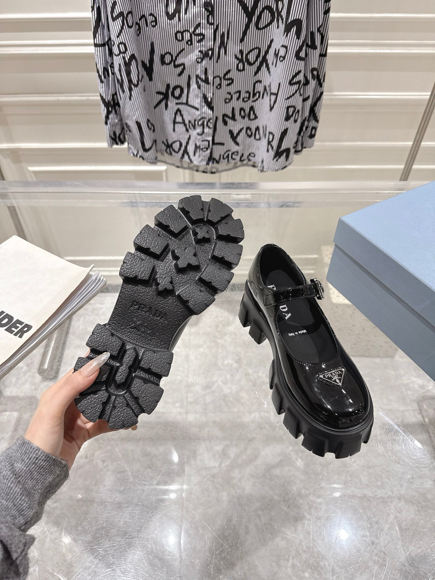 PRADA 26S MARY JANE SHOES 45MM IN BLACK PATENT CALFSKIN