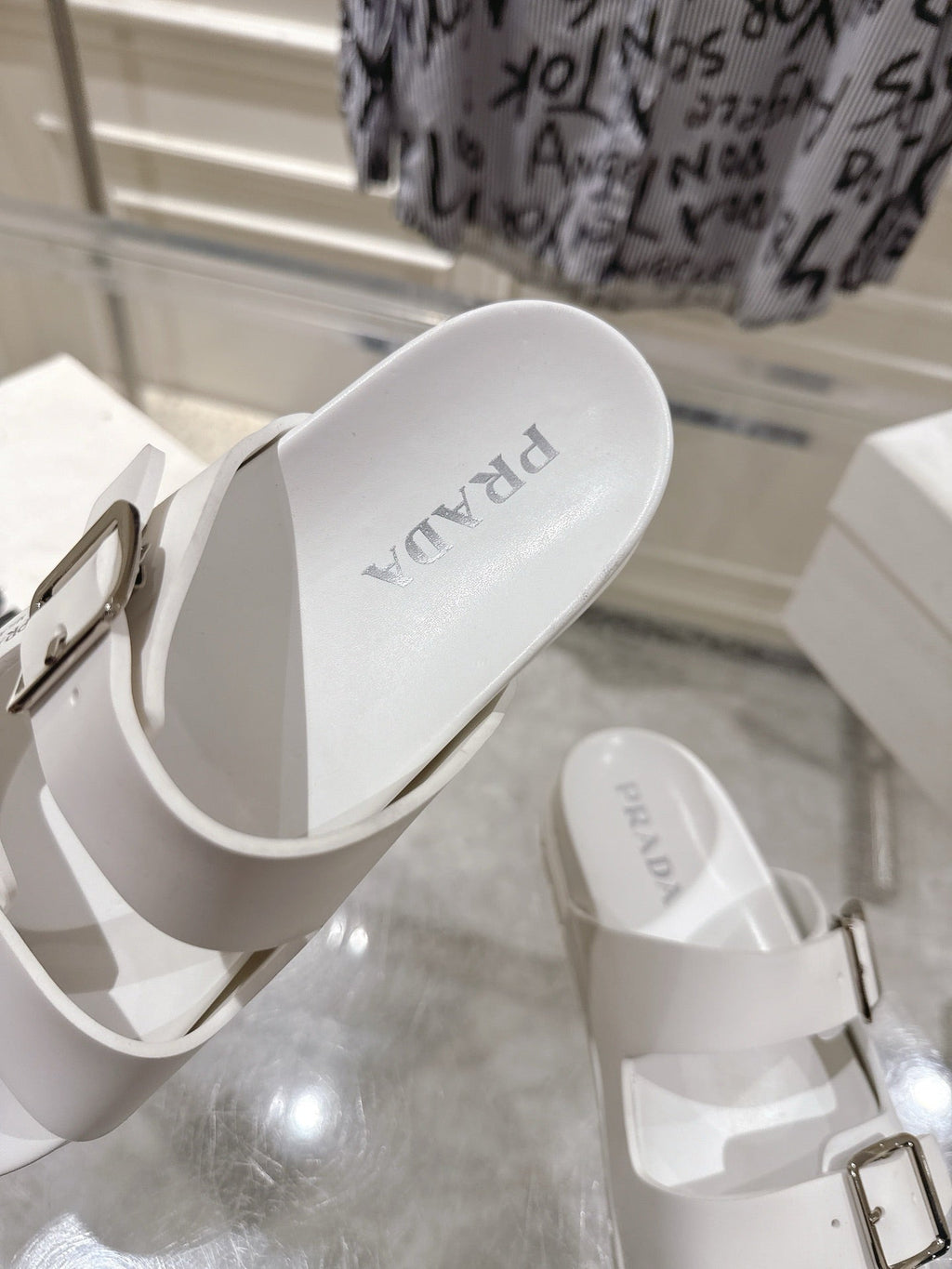 PRADA 26S SLIDES SANDALS IN WHITE CALFSKIN SILVER HARDWARE