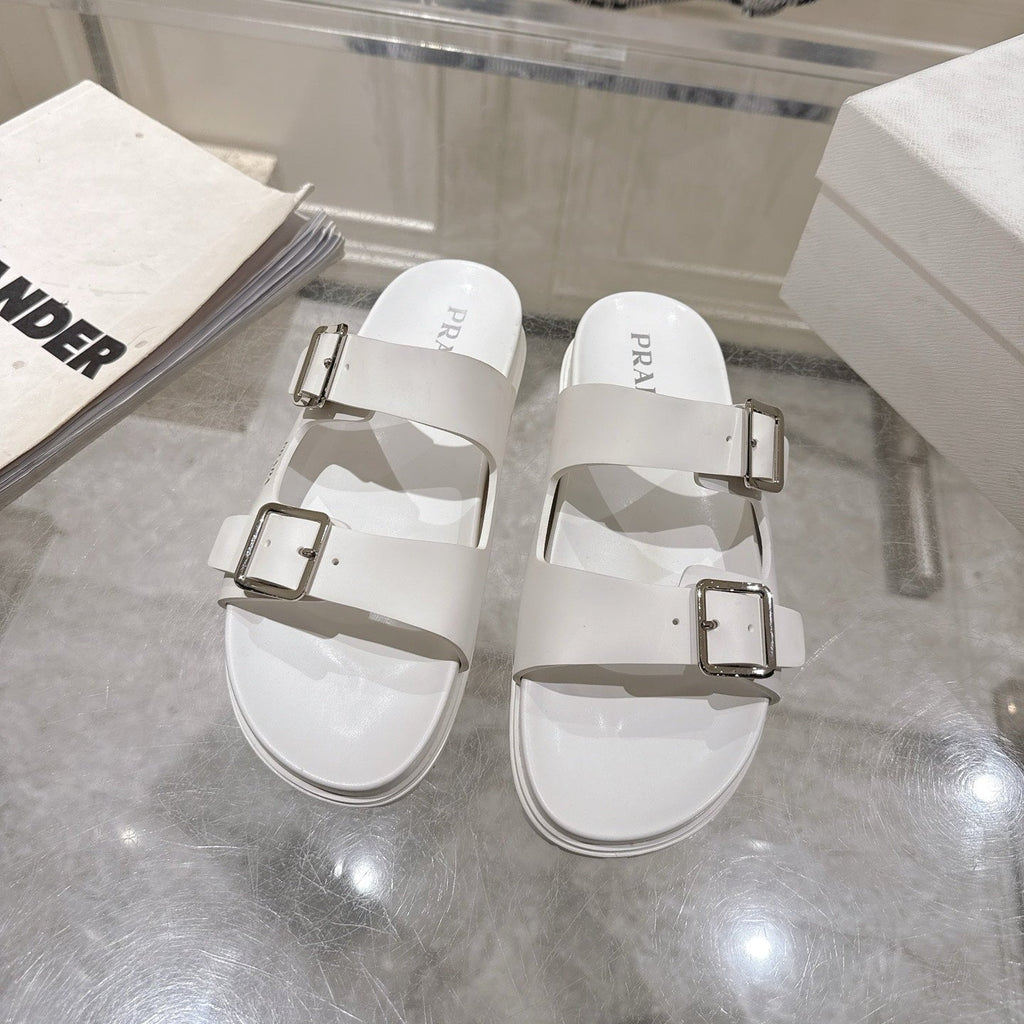 PRADA 26S SLIDES SANDALS IN WHITE CALFSKIN SILVER HARDWARE