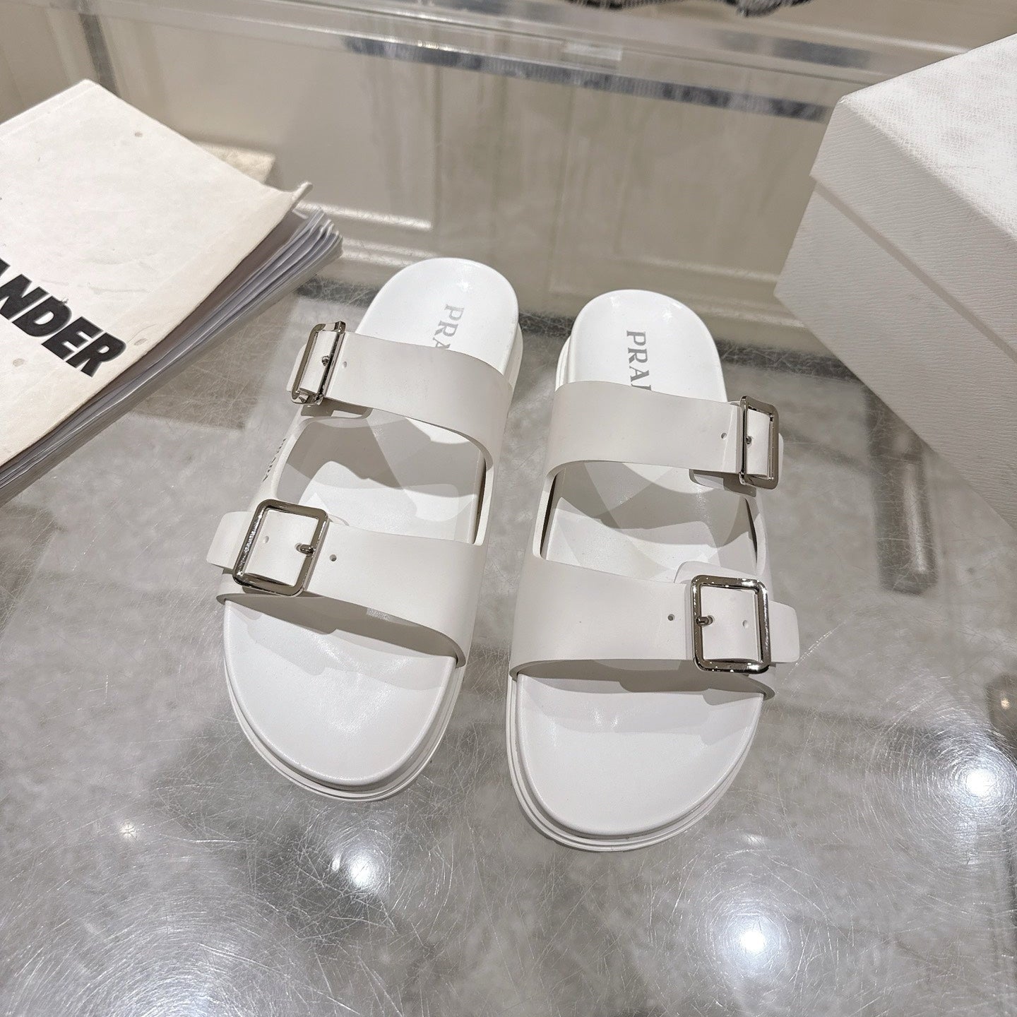 PRADA 26S SLIDES SANDALS IN WHITE CALFSKIN SILVER HARDWARE