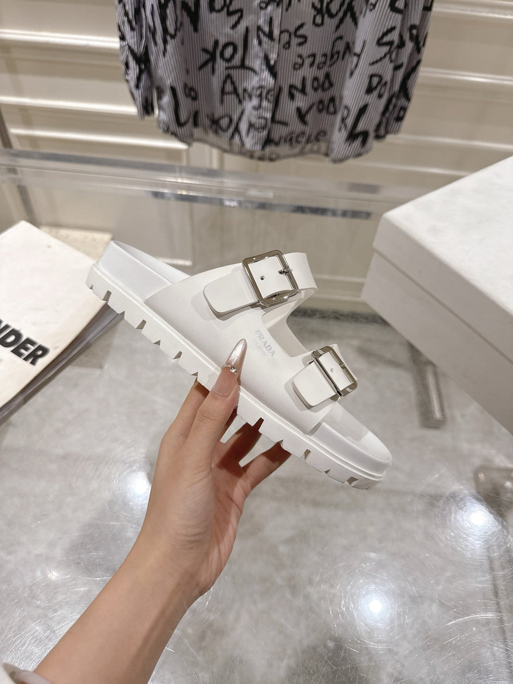 PRADA 26S SLIDES SANDALS IN WHITE CALFSKIN SILVER HARDWARE