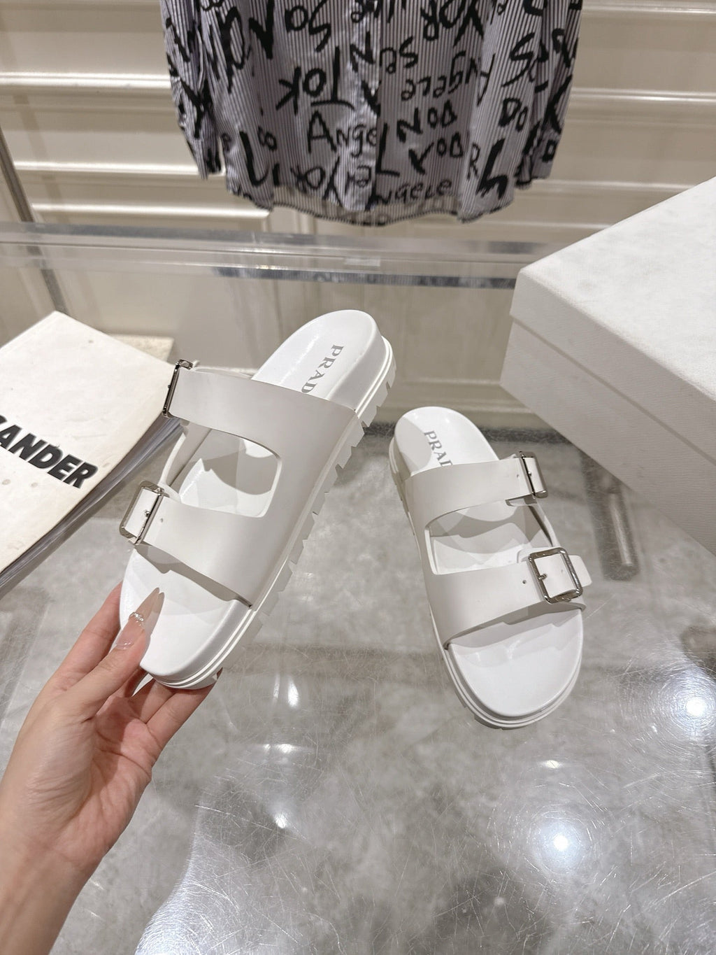 PRADA 26S SLIDES SANDALS IN WHITE CALFSKIN SILVER HARDWARE