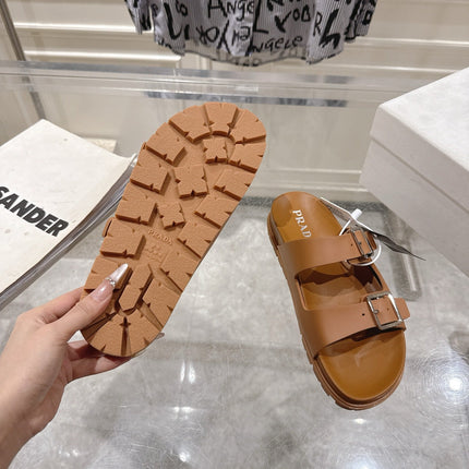 PRADA 26S SLIDES SANDALS IN CARAMEL BROWN CALFSKIN SILVER HARDWARE