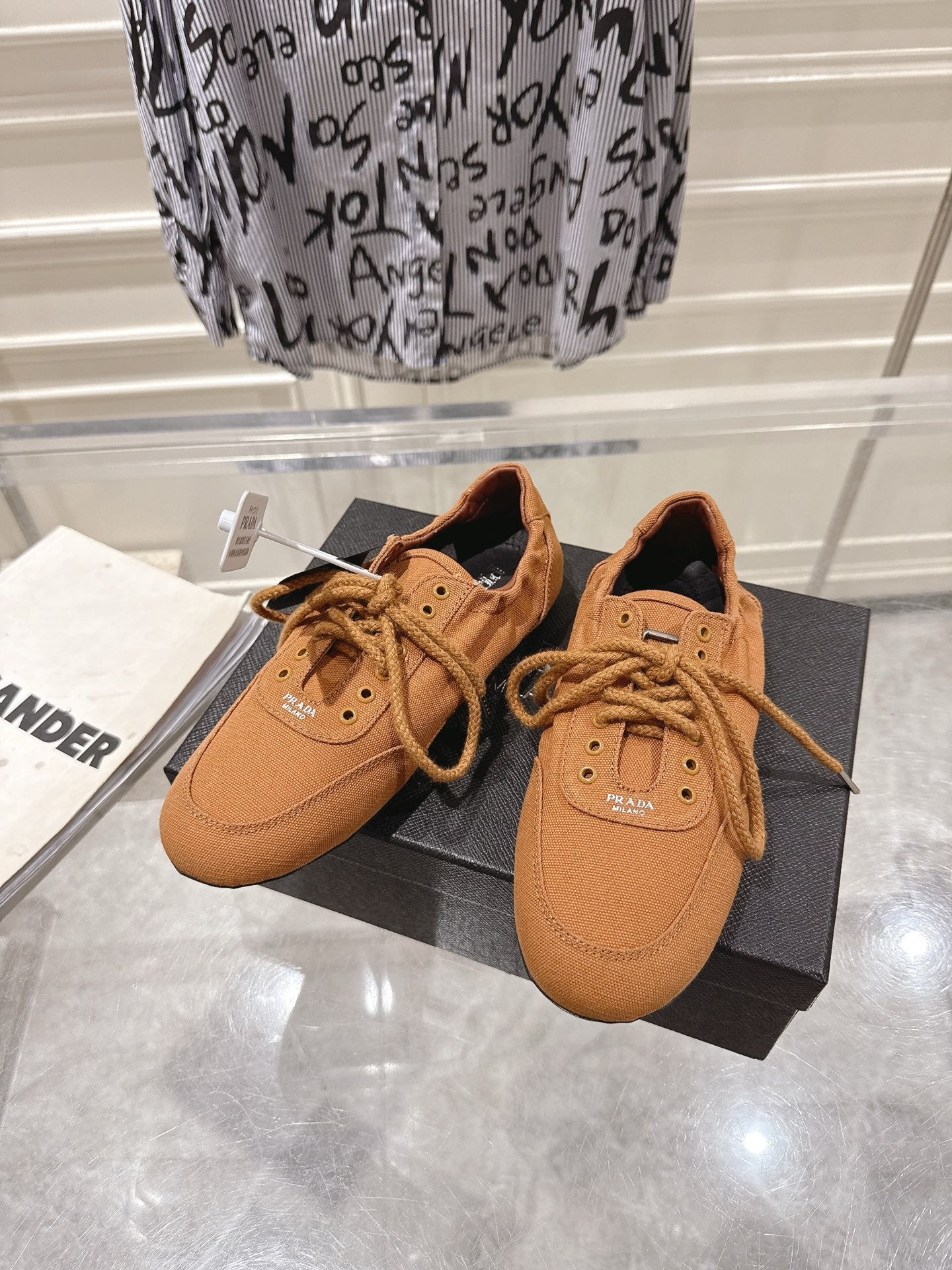 PRADA 26S COLLAPSE SNEAKERS IN CARAMEL BROWN CANVAS