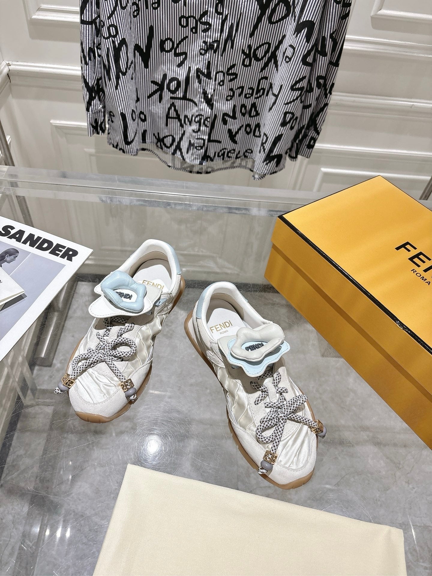 FENDI 26S SNEAKERS IN CREAM WHITE FABRIC AND SUEDE