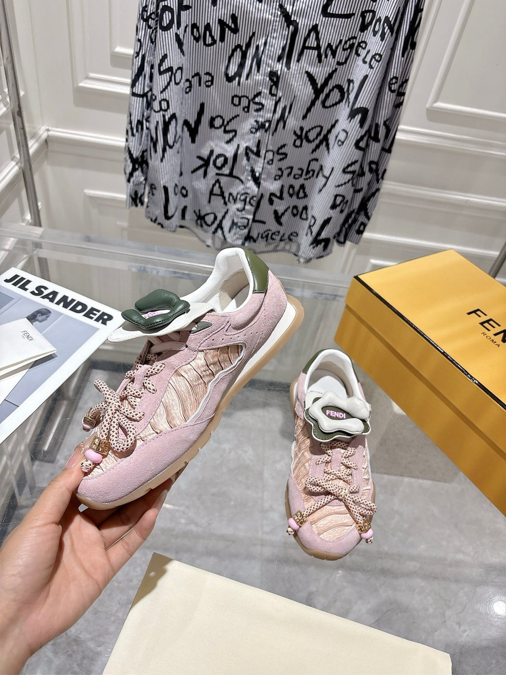 FENDI 26S SNEAKERS IN LIGHT PINK FABRIC AND SUEDE
