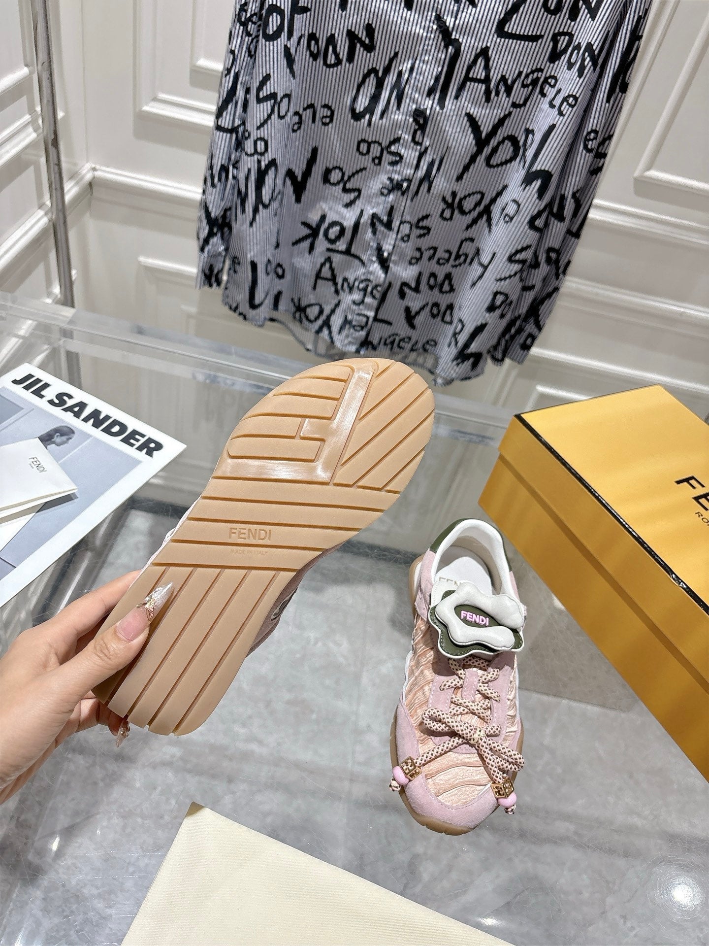FENDI 26S SNEAKERS IN LIGHT PINK FABRIC AND SUEDE
