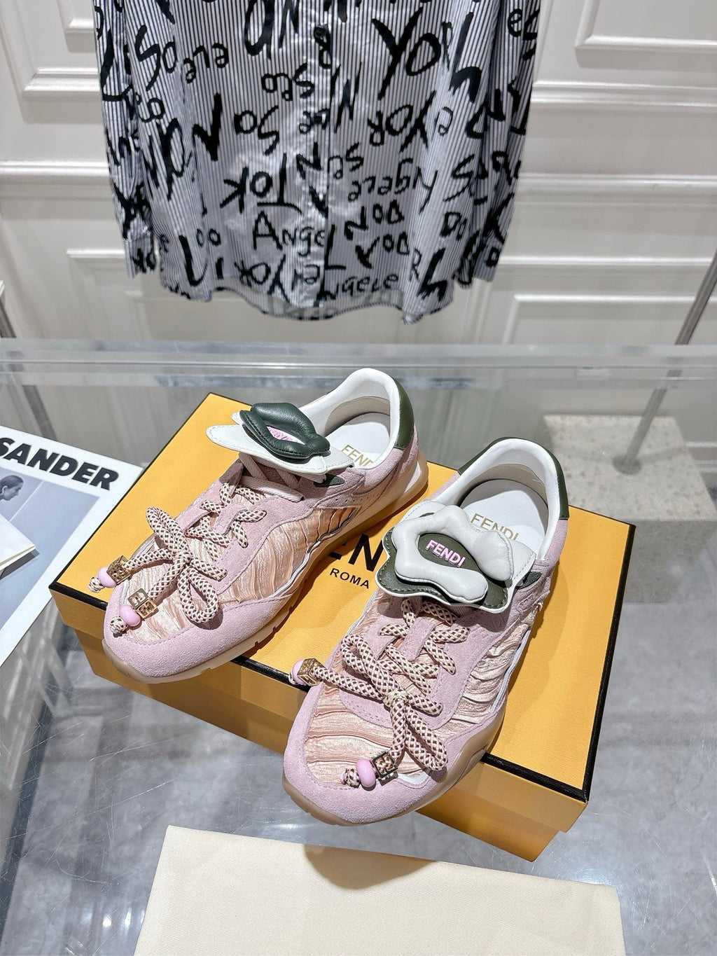 FENDI 26S SNEAKERS IN LIGHT PINK FABRIC AND SUEDE