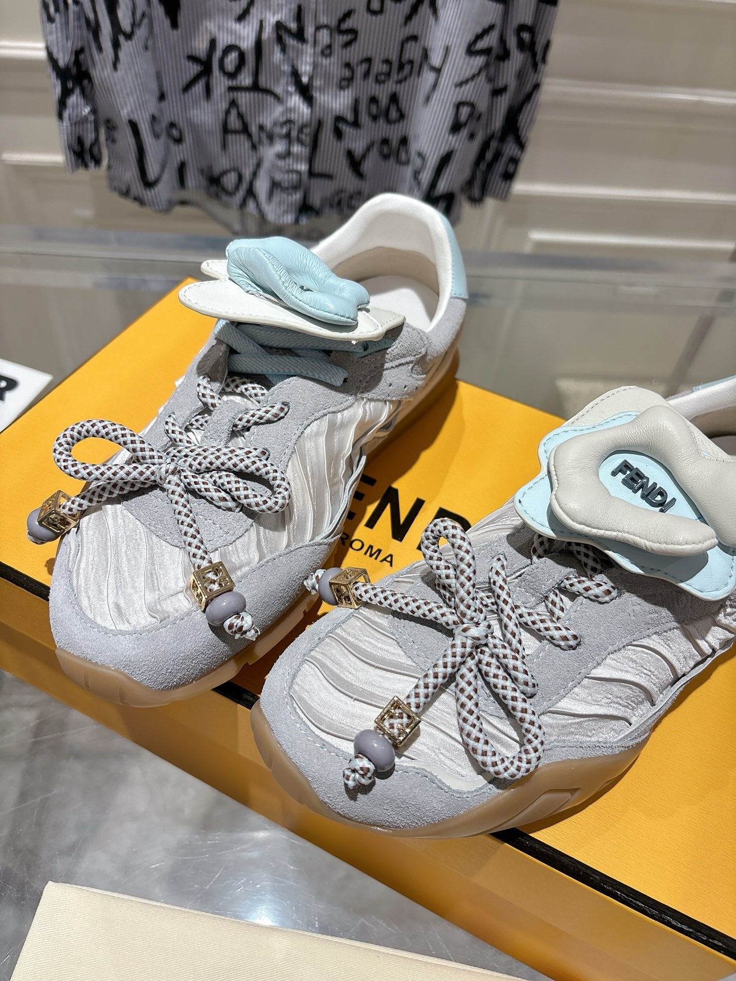 FENDI 26S SNEAKERS IN GREY FABRIC AND SUEDE