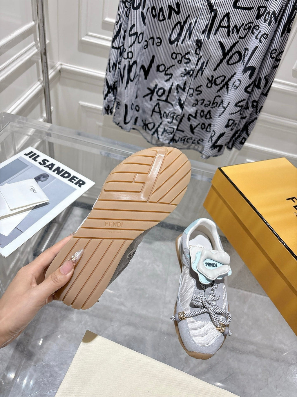 FENDI 26S SNEAKERS IN GREY FABRIC AND SUEDE